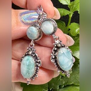 GREAT DEAL Genuine Larimar handmade artisan Silver Dangle Earrings 2.2”
